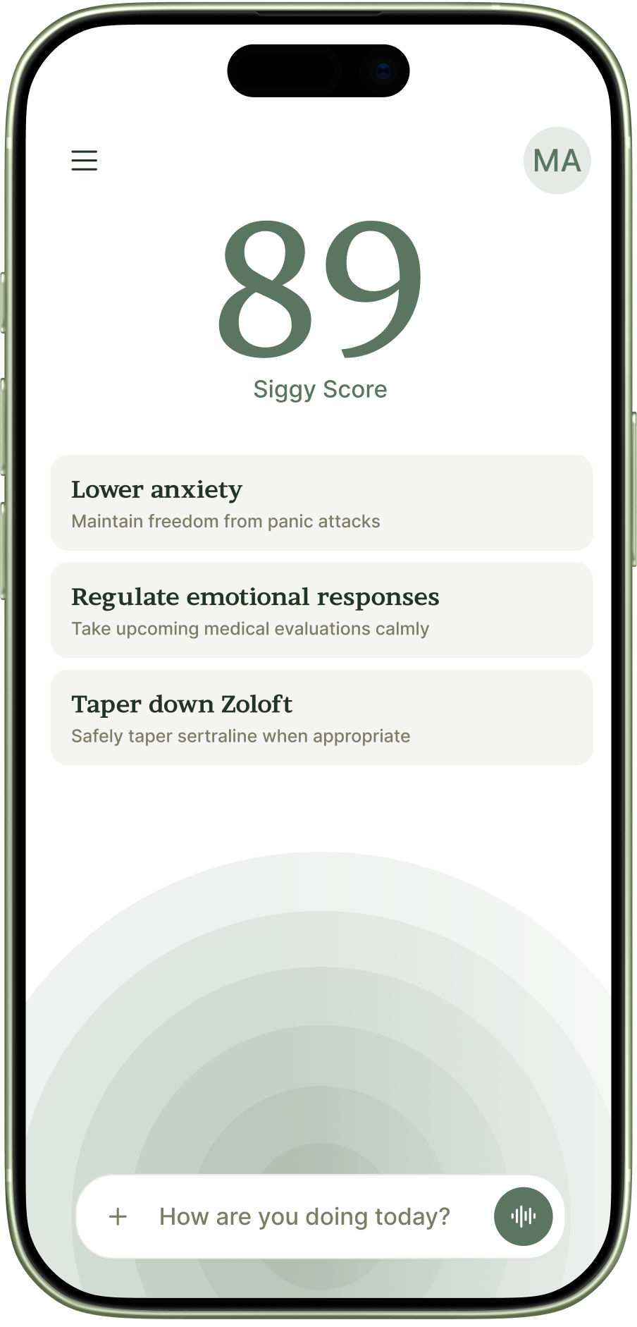 Siggy app interface showing an 89 Siggy Score and mental health goals